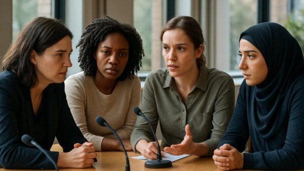 NHS spending fighting nurses, women discussing at a conference table.