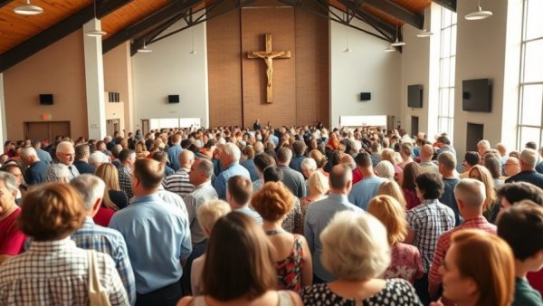 English-speaking Evangelical church service in Spain, congregation gathering.