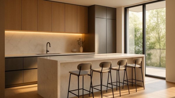 Modern kitchen with marble island and stools in Tudor style home renovation.