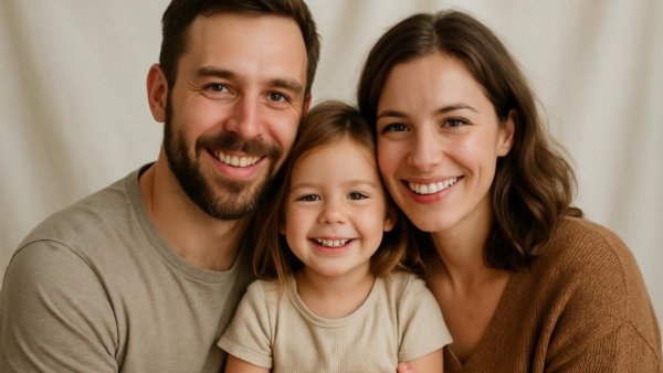 Family smiling together indoors, showing warmth and happiness.
