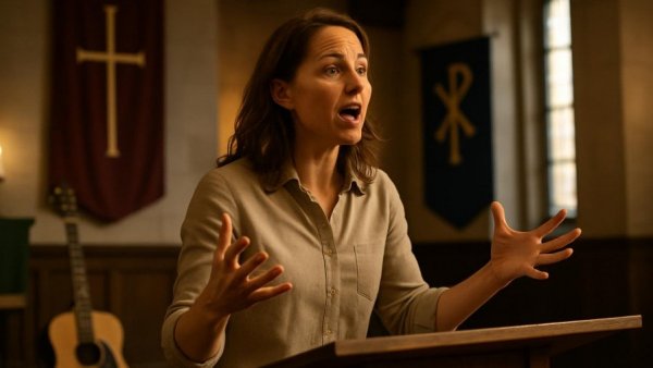 A speaker in a church passionately delivering a sermon with religious backdrop.