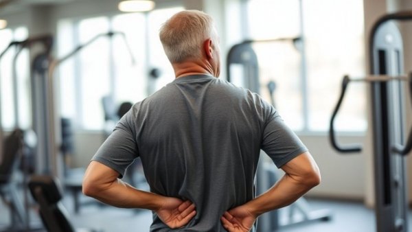 Middle-aged man in gym holding back, hinting at bed exercises for back strength.