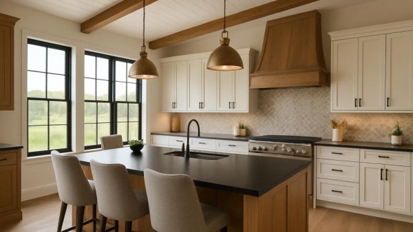 Modern ranch-style farmhouse kitchen with sleek renovation.