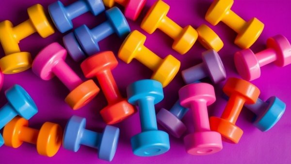 Colorful dumbbells on purple surface, ideal for exercises after 60.