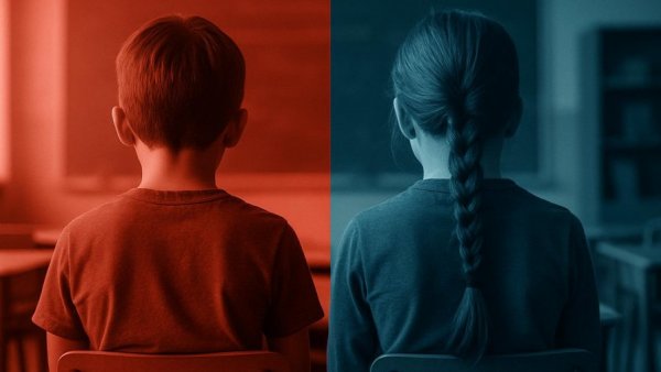 Dual-tone classroom image symbolizing protecting schoolchildren from trans ideology.