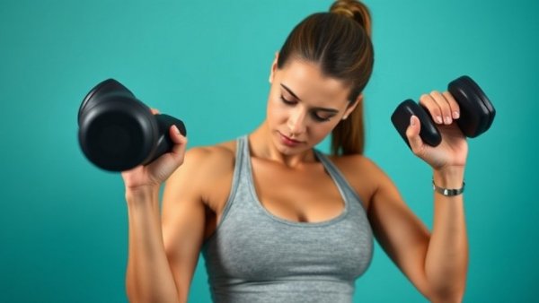 Focused woman performing morning exercises to restore arm strength with dumbbells.