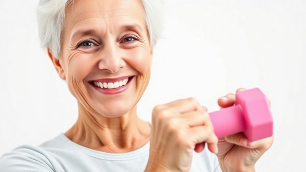 Senior woman holding a pink dumbbell, promoting exercises after 55.
