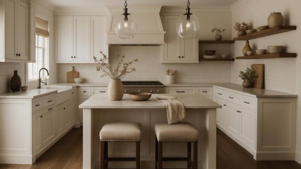 Elegant farmhouse kitchen design with white cabinets.