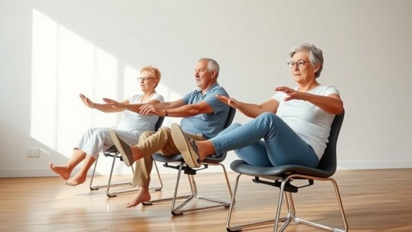 Mature individuals do chair exercises for waist overhang.