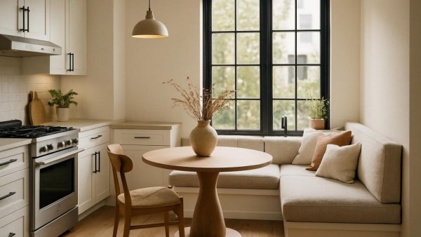 Modern cozy kitchen with dining nook, Hamptons-inspired design features.