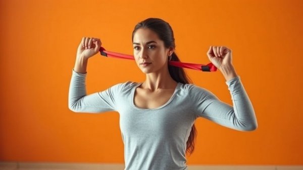 Morning exercises to restore posture highlighted by woman using resistance band.