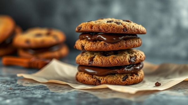 Stack of Nutella cookies with melted chocolate filling