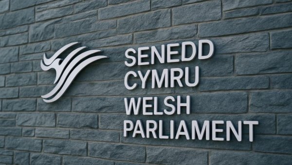 Senedd Cymru Welsh Parliament sign on textured wall.