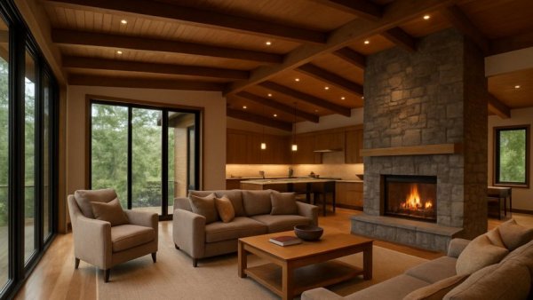 Family getaway home design: modern living room and kitchen ambiance.