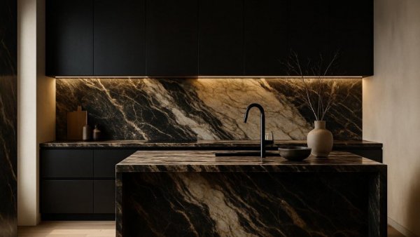 Bold marble textures in modern kitchen design with elegant black cabinetry.