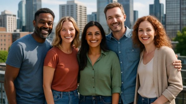 Group portrait on rooftop highlighting single-sex spaces discussion, NHS.