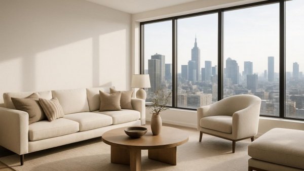 Sleek living room with a panoramic view and elegant design.