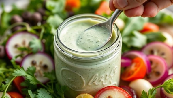 Green Goddess Dressing in jar with spoon, surrounded by herbs.