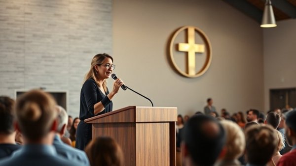 Female speaker discussing the importance of Pentecost and the Holy Spirit at a church podium.