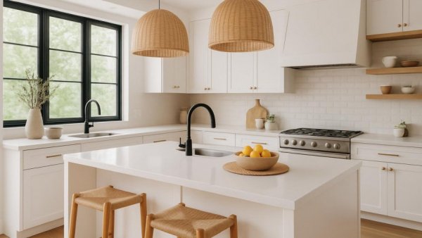 Modern kitchen makeover with white island and elegant decor