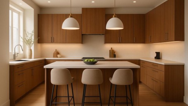 Modern kitchen design with sleek wooden cabinetry and island.