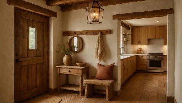 Renovated farmhouse with rustic entryway and modern kitchen.
