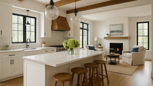Modern farmhouse design in kitchen and living room with natural light.