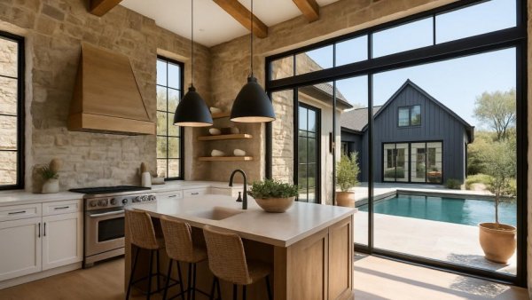 Chic modern farmhouse design with kitchen and poolside view.
