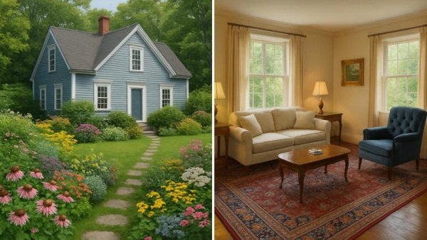 Nova Scotia home interior design showcasing cozy living room and garden.