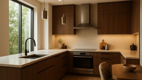 Modern sustainable kitchen with natural light and eco-friendly design.