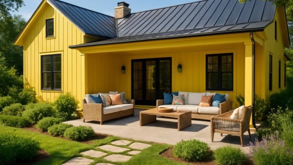 Karine Vanasse's Chic Farmhouse Design Principles in modern yellow farmhouse.