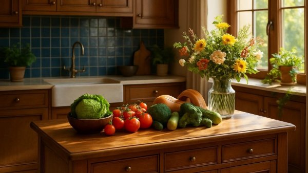 Vintage Homes and Modern Living: Elegant kitchen with wooden island and flowers.