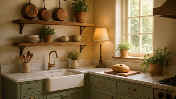 100-Year-Old Victorian Farmhouse kitchen with green cabinets.