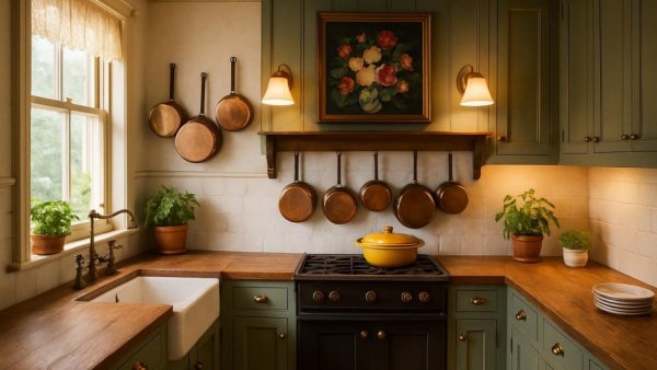 Victorian farmhouse kitchen staging tips with green cabinets.