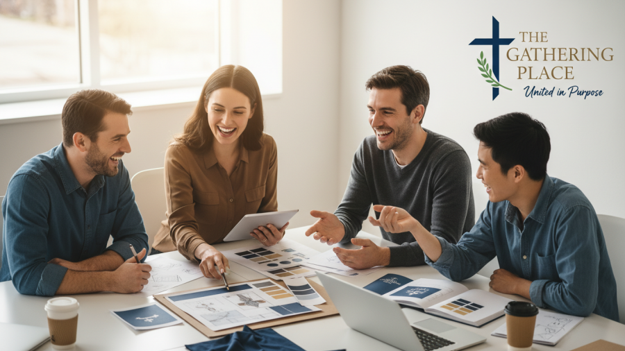 Diverse church staff joyfully collaborating on branding materials for church community engagement.