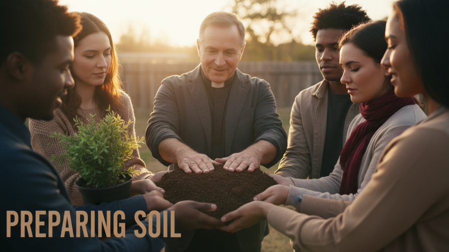 Pastor guiding diverse group with heart-shaped soil, symbolizing community health and emotional well-being.