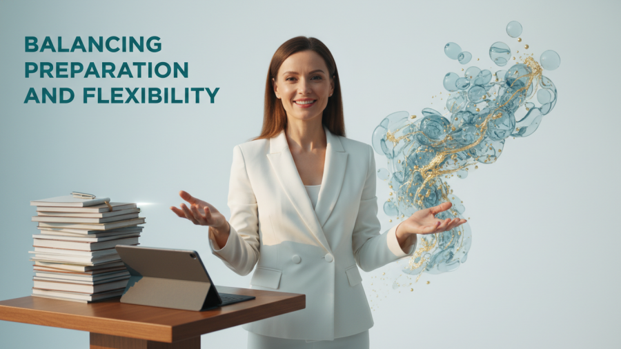 Confident speaker balancing sermon planning strategies with flexible sermon series in a serene setting.