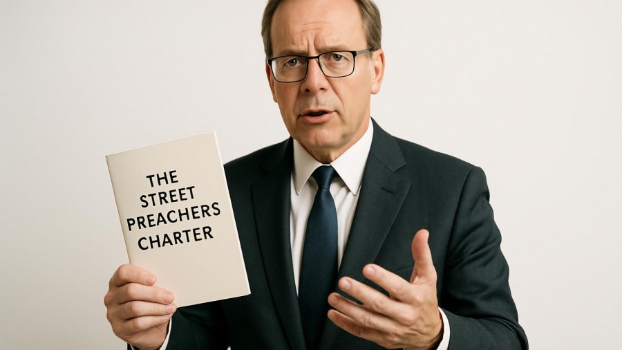 Middle-aged man in a suit explaining freedom of expression, showcasing 'The Street Preacher's Charter'.