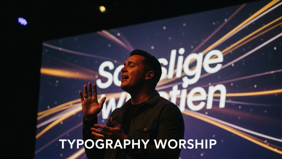A passionate worship leader silhouetted on stage, warm backlit lighting creates an emotional atmosphere.