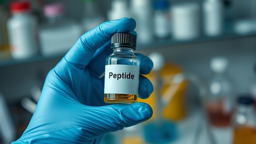 Close-up of peptide therapy bottle in a lab, showcasing dietary peptides.