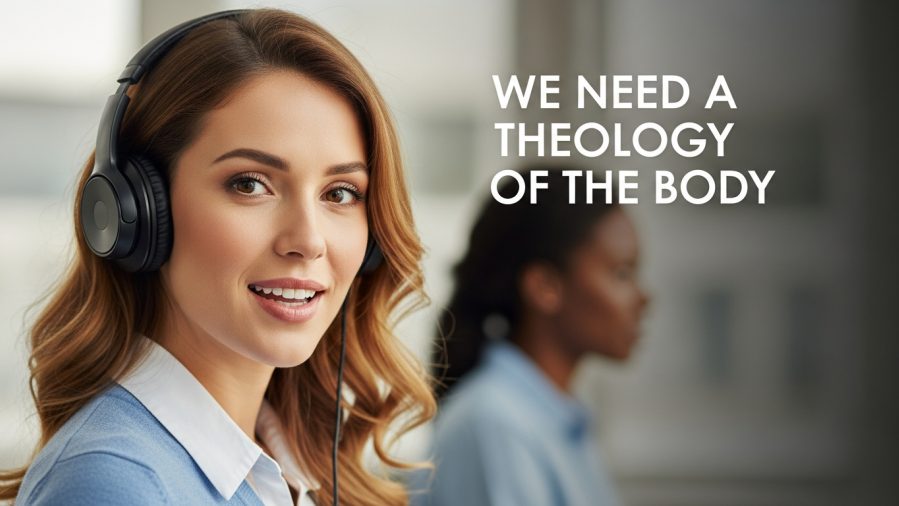 Confident woman in headphones discusses sacred bodies and whole body theology.