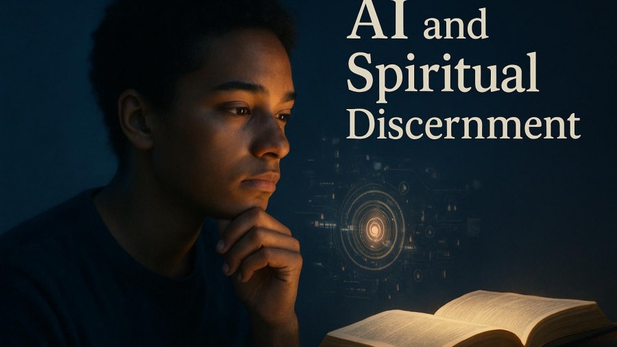 Thoughtful young person in evening light, blending AI with Biblical thinking for spiritual growth.
