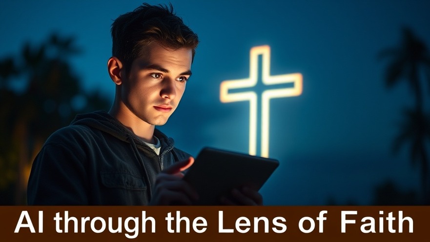 Thoughtful young adult exploring Artificial Intelligence through biblical thinking with a glowing cross.