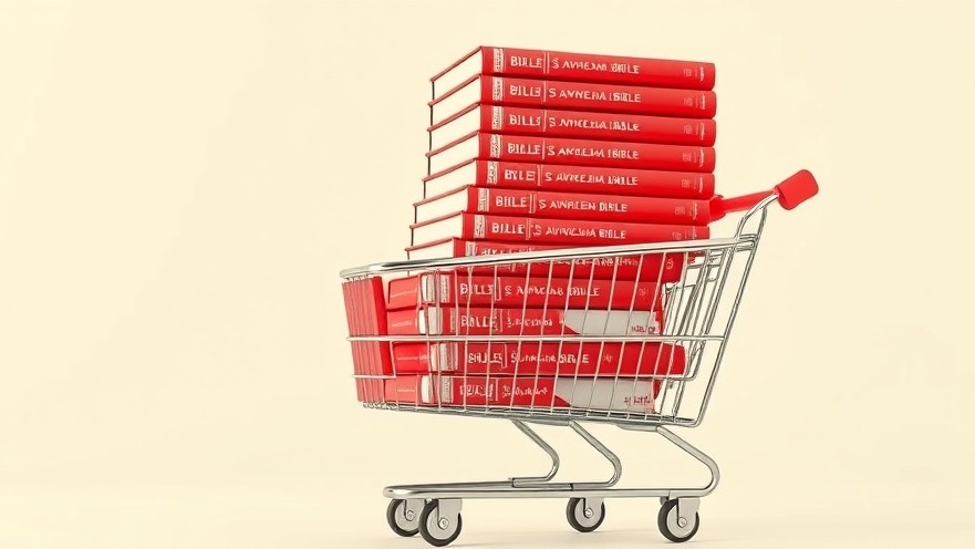 Red and white Bibles stacked in cart representing Bible publishing boom.