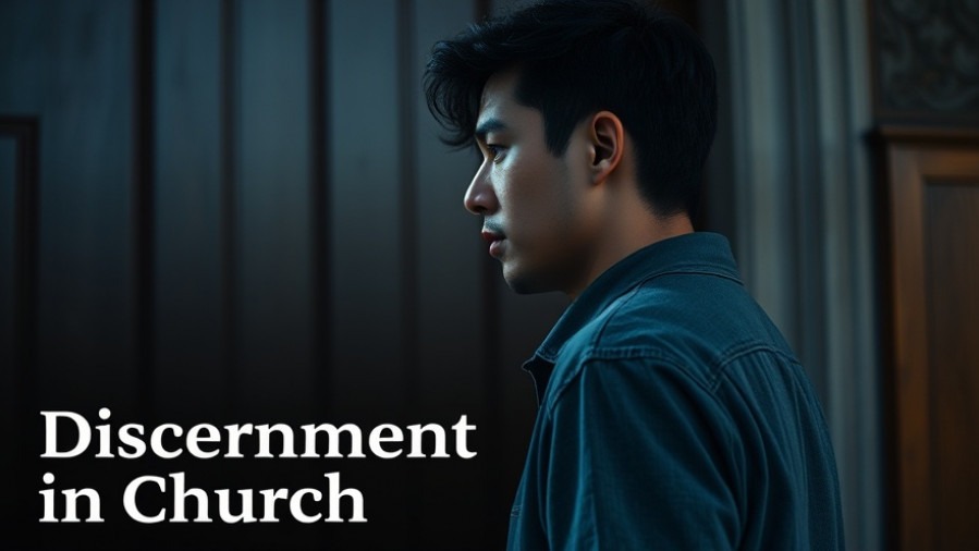 Thoughtful person at church doors, embodying discernment against false teachers.