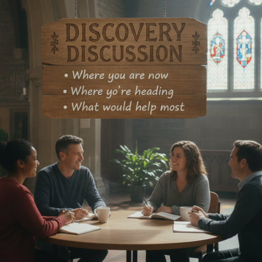 Friendly discovery discussion about your church's current direction and future.