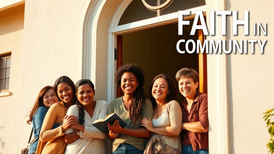 Diverse group embracing outside church, embodying community stories and Bible teaching.