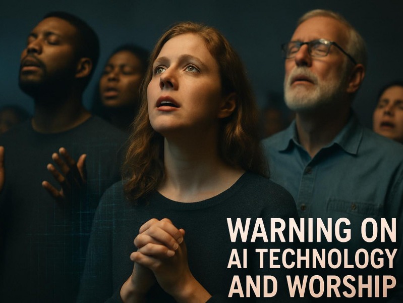 Worshippers in wonder under soft lights, reflecting on Artificial Intelligence and faith.