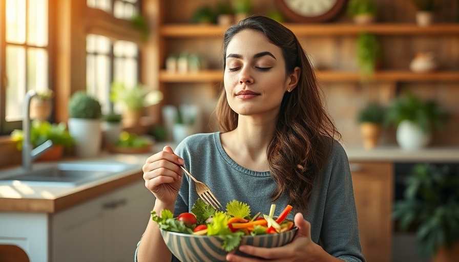 Mindful eating woman enjoying healthy salad in a cozy kitchen.