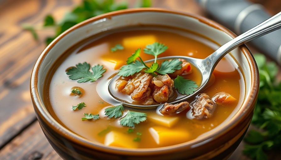 Hearty low carb soup with parsley and minced meat in a bowl.